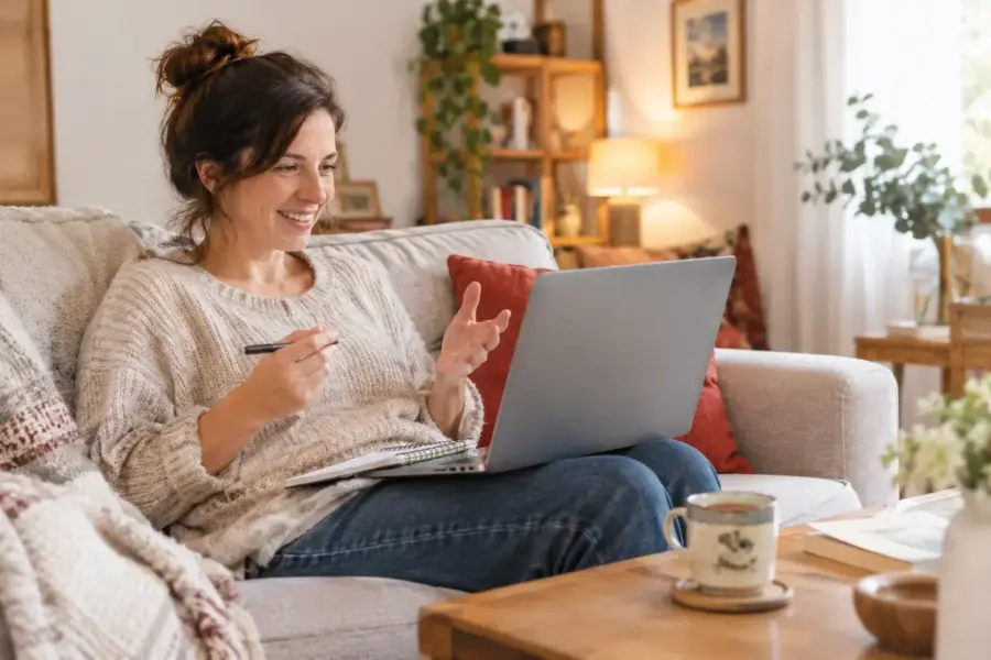 Adult learner during an online Japanese lesson at home