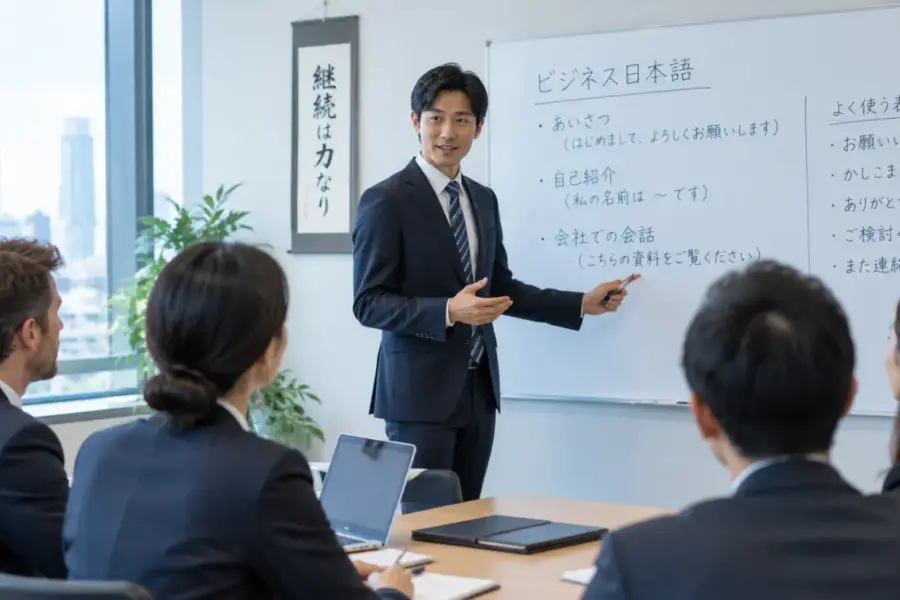 Japanese teacher leading a business Japanese class with professionals in an office