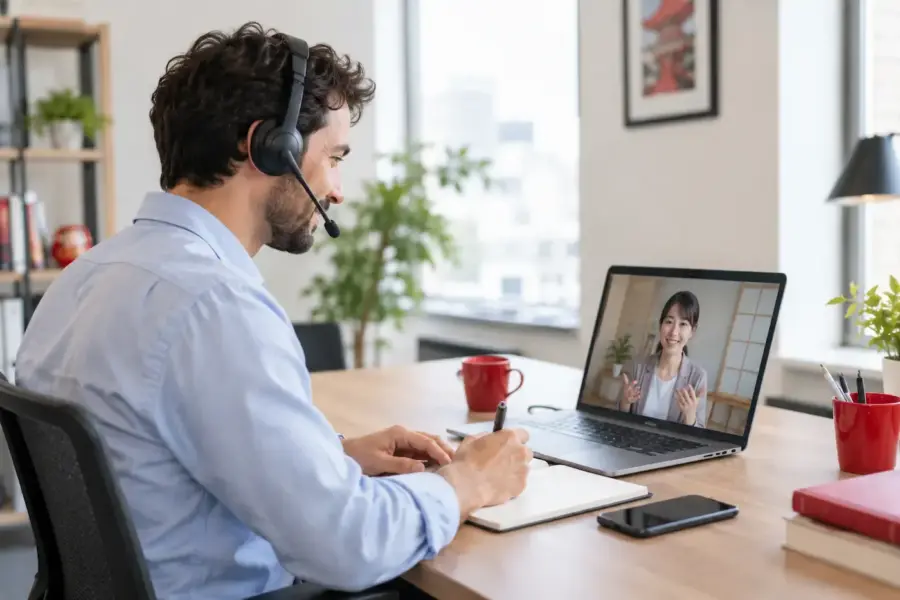 Professional taking a business Japanese lesson by video call at the office