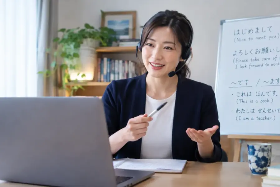 Native Japanese teacher with a headset giving an online Japanese lesson