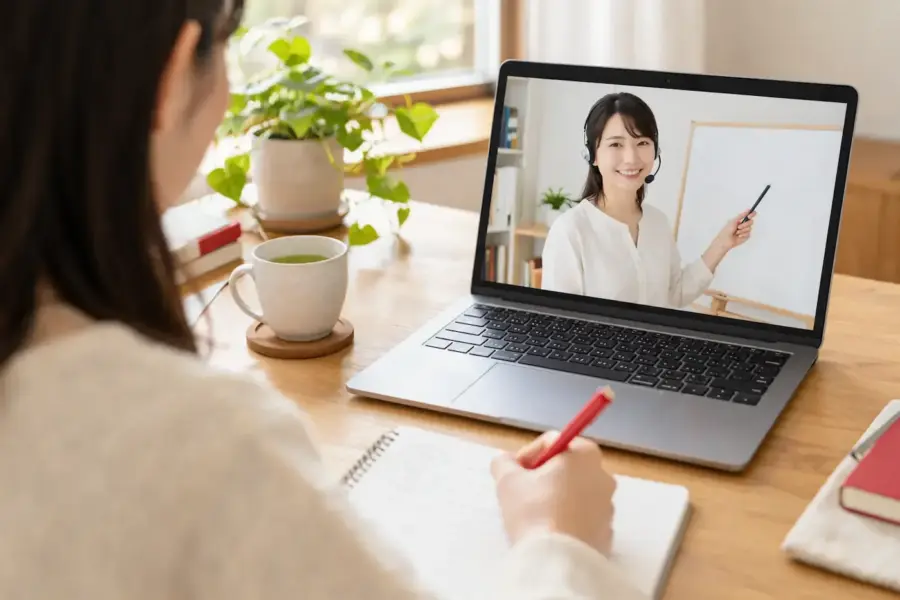 Learner writing kana during a Japanese video lesson